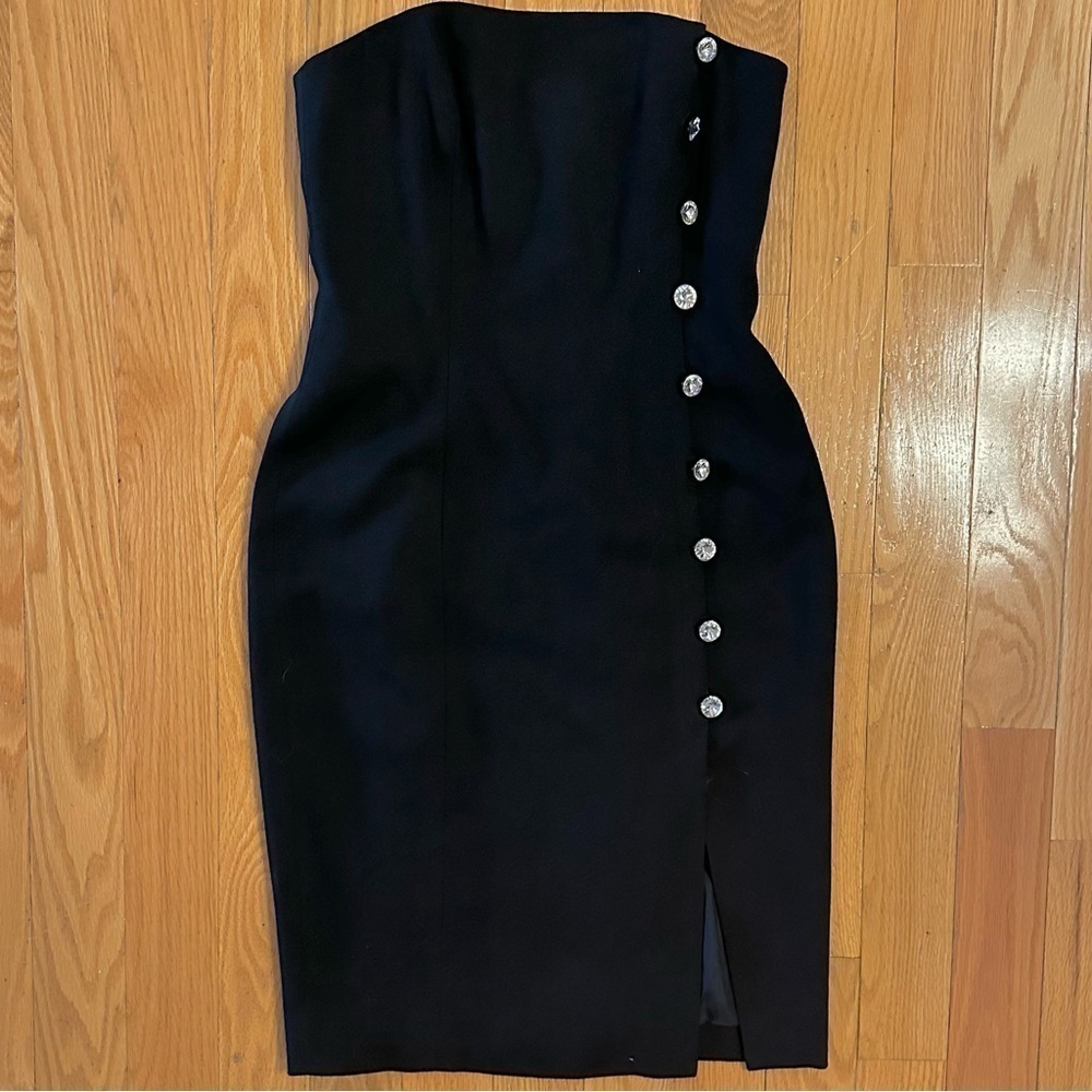 Tom & Linda Platt Sleeveless Black Mini Dress Faux Diamond Buttons Sz S